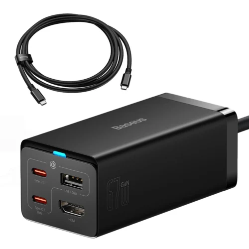 Ładowarka sieciowa GaN5 Baseus CCGP110201 HUB HDMI 2x USB-C / USB-A / HDMI 4K 30Hz 1,5m – czarna + kabel USB-C – USB-C 100W 1m